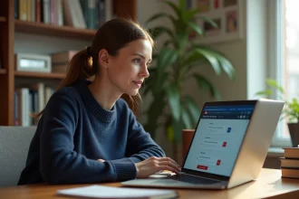 Femme vérifiant les réglages d'accès au portail entnormandie depuis son bureau à domicile