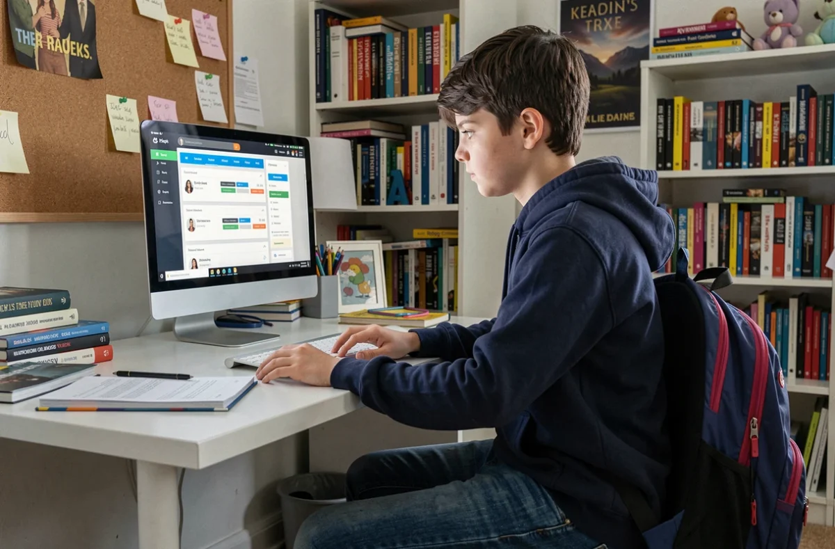 Adolescent consultant sa plateforme scolaire numérique Cybercollège depuis son bureau dans sa chambre