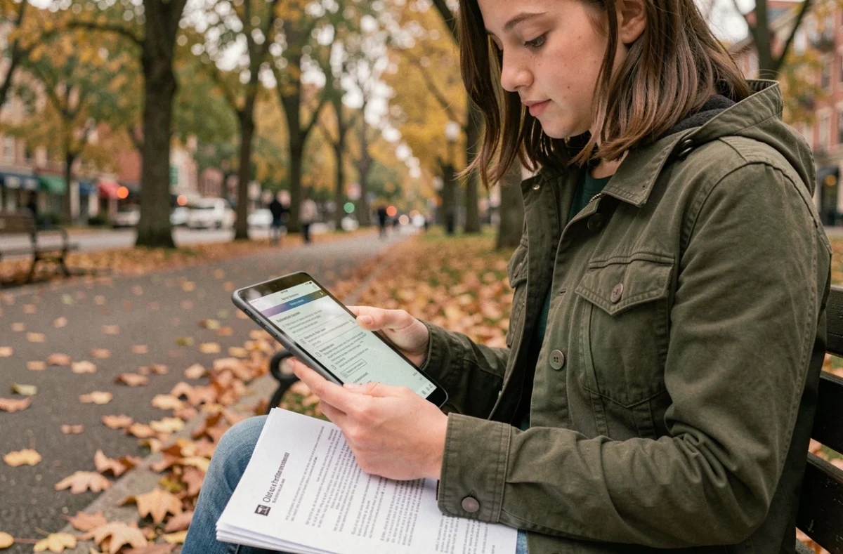 Adolescente qui révise les questions du permis de conduire sur tablette et document PDF dans un parc