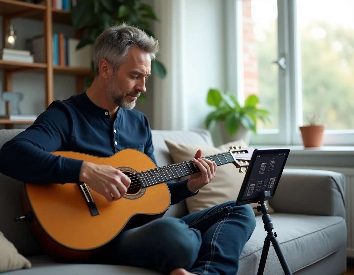 Homme adulte apprenant la guitare classique avec un cours vidéo en ligne sur tablette dans son salon