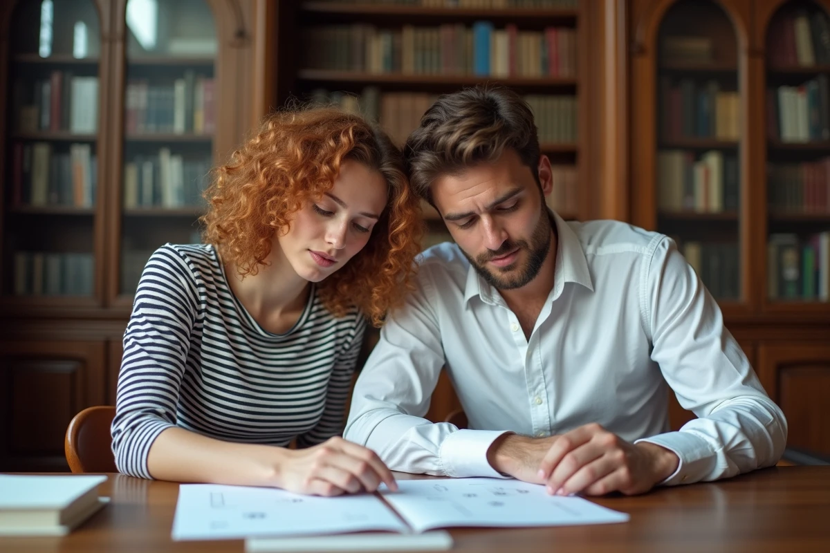 Deux adultes consultant ensemble un questionnaire de test de QI en français dans une bibliothèque