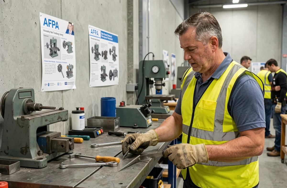 Stagiaire adulte en formation professionnelle pratique à l'AFPA Bourgogne-Franche-Comté, portant un équipement de sécurité dans un atelier industriel