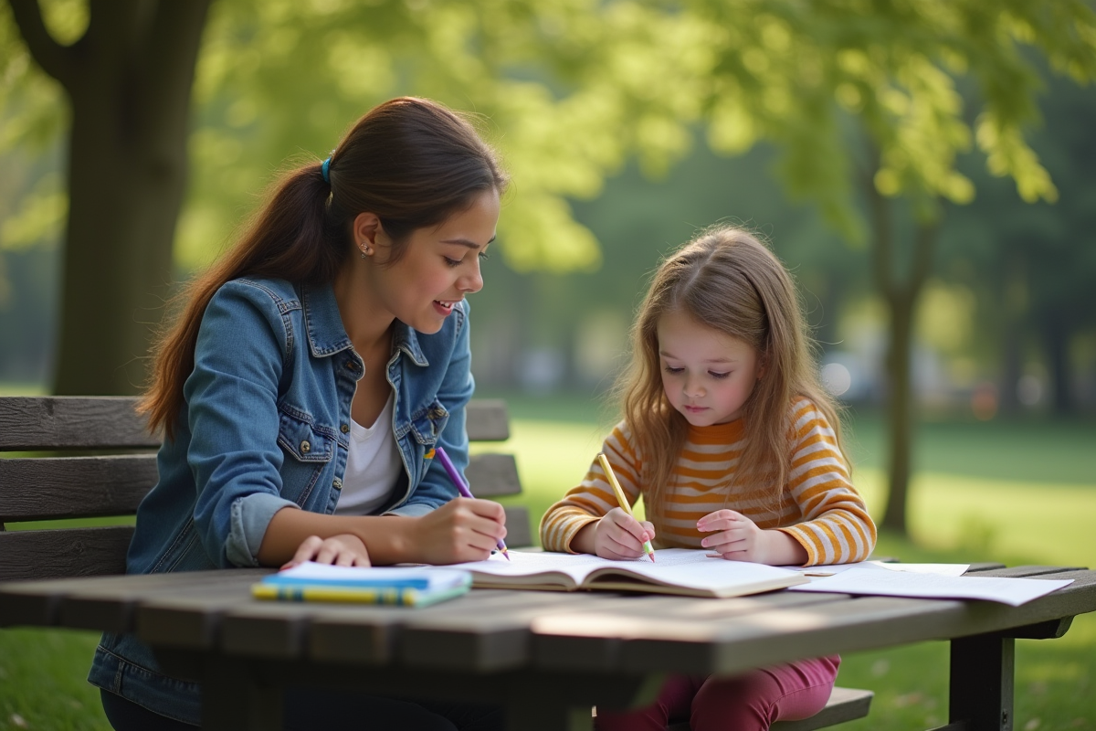 Tuteur aidant un enfant à faire ses devoirs en plein air