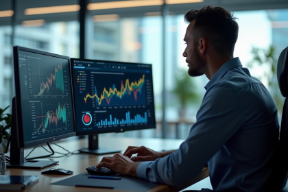 Analyste concentré devant écrans de données et graphiques