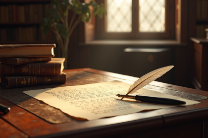 Bureau ancien dans une bibliothèque élégante avec lettre de Boileau