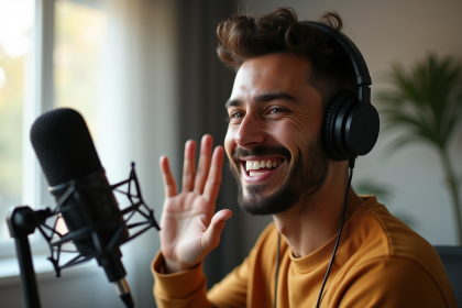 Hôte de podcast souriant avec casque dans un studio moderne