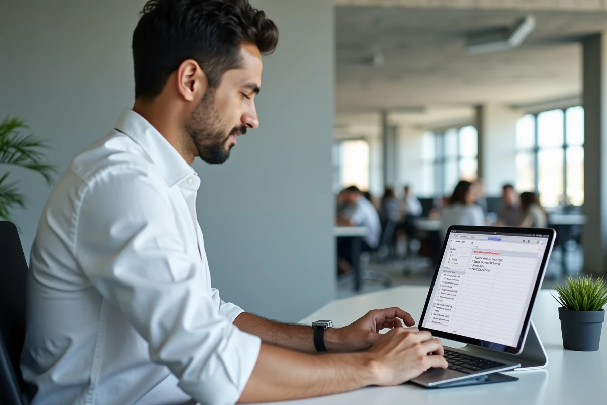 Homme consultant une application de prise de notes sur tablette dans un espace de coworking moderne