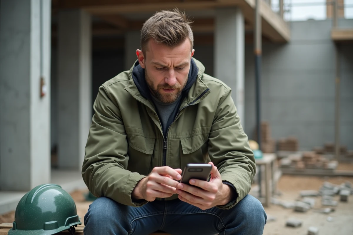 Artisan du bâtiment consultant une formation maçonnerie éligible CPF sur son smartphone lors d'une pause chantier