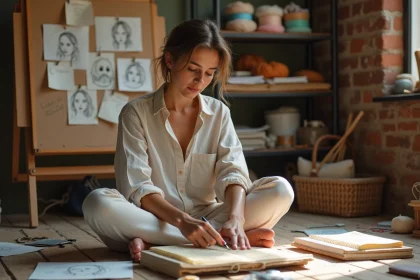 Femme artiste travaillant sur une tapisserie gobelin dans un atelier créatif chaleureux entouré de carnets de croquis et de fils colorés
