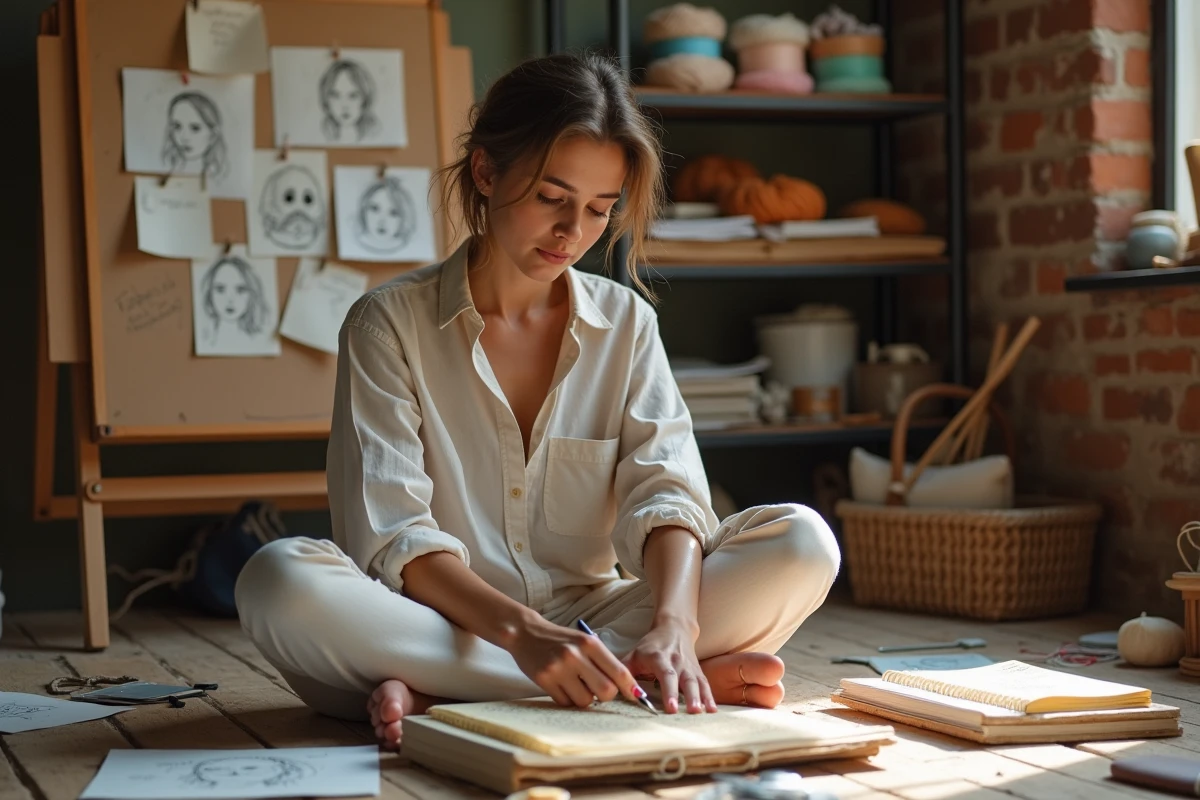 Femme artiste travaillant sur une tapisserie gobelin dans un atelier créatif chaleureux entouré de carnets de croquis et de fils colorés