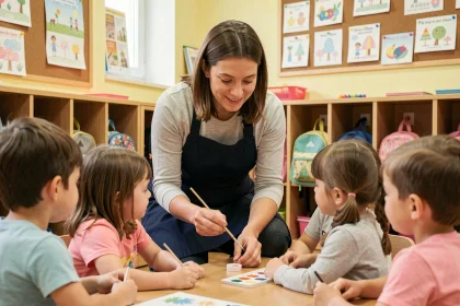 ATSEM en tablier marine aidant des enfants à peindre dans une salle de classe d'école maternelle française