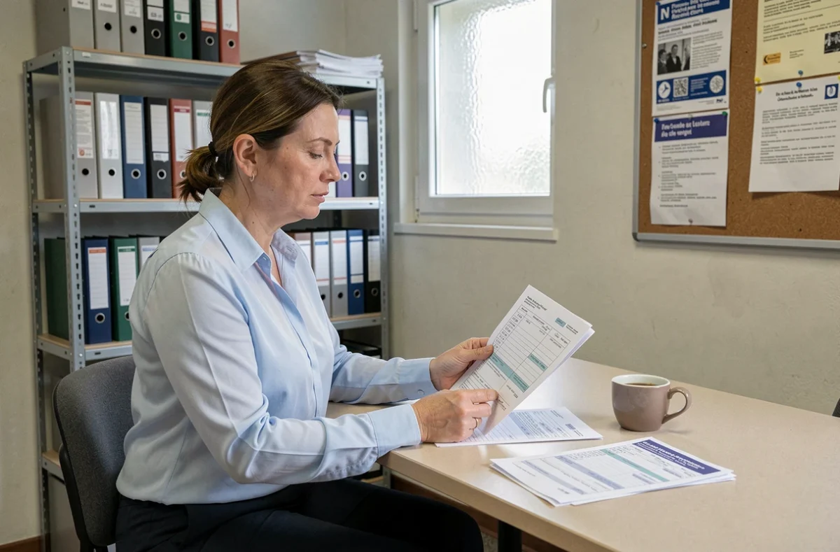 ATSEM consultant une grille indiciaire de salaire dans la salle du personnel d'une école publique