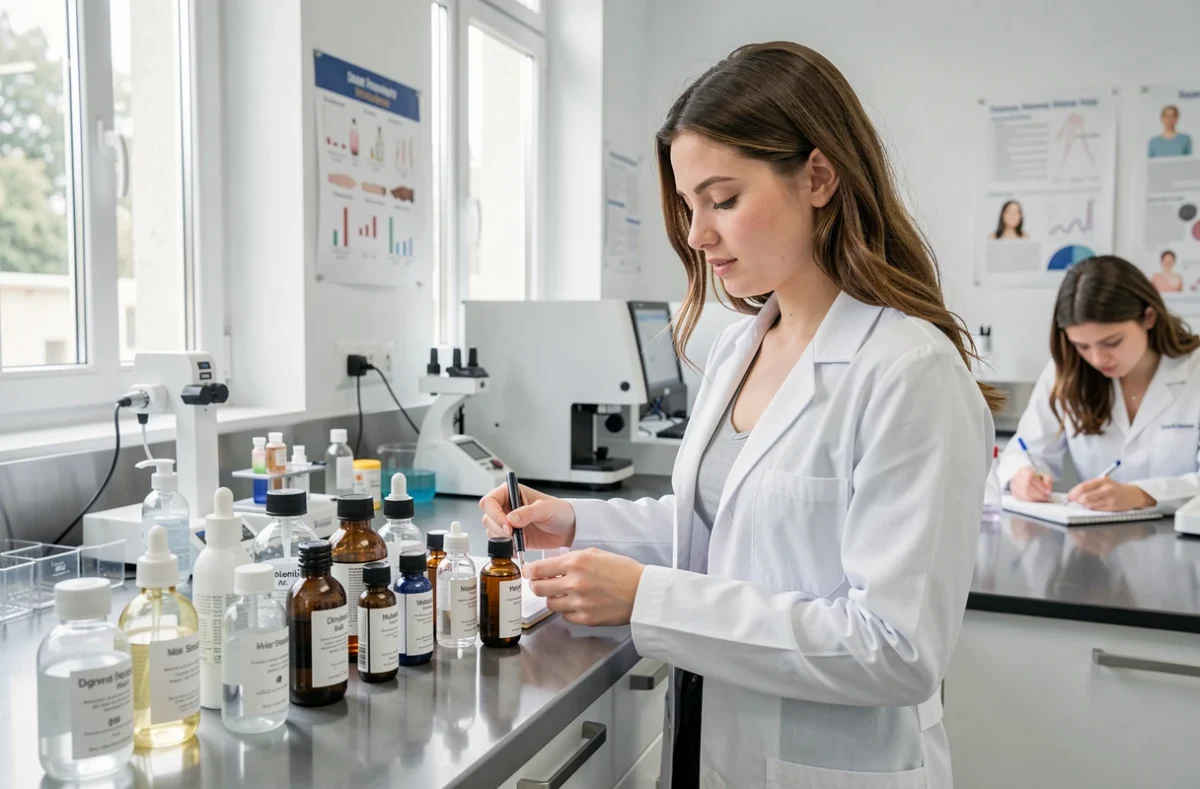 Étudiante en BTS esthétique-cosmétique-parfumerie analysant des produits en laboratoire à la Besth Académie d'Albi