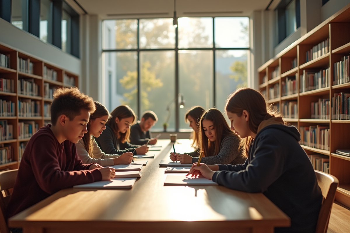 Bibliotheque finlandaise avec jeunes collaborant sur un projet de groupe