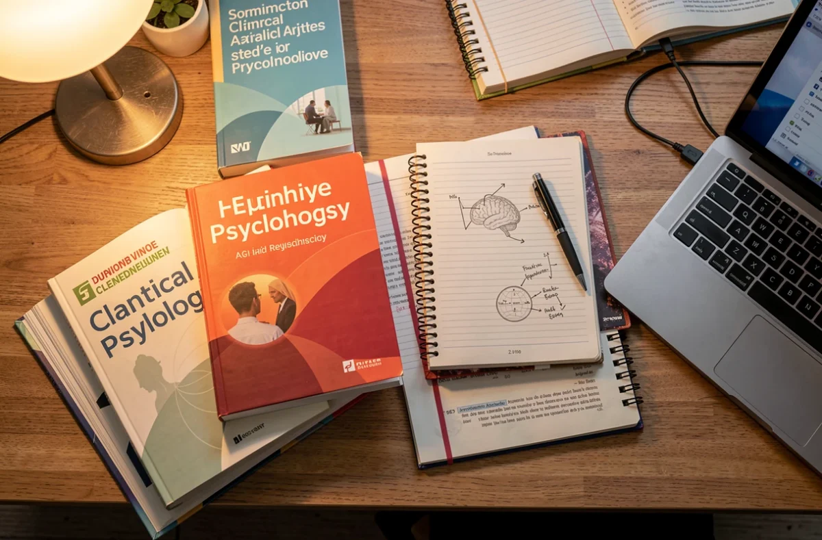 Bureau d'étudiant avec manuels de psychologie clinique, cahier et ordinateur
