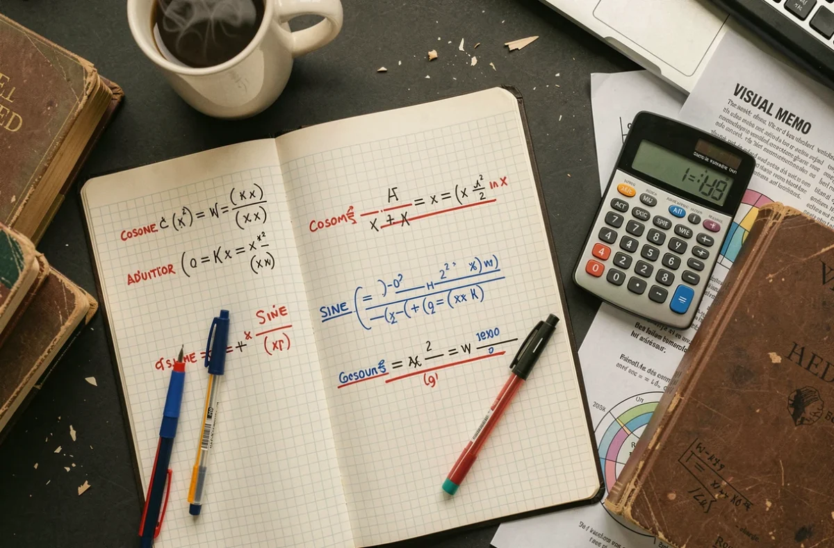 Vue de dessus d'un bureau étudiant avec cahier de formules trigonométriques cos cos sin sin, calculatrice et mémo visuel du cercle unité
