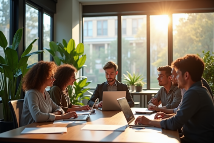 Bureau moderne ouvert avec équipe collaborative en journée