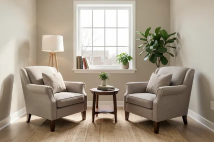 Cabinet de consultation calme avec deux fauteuils et une lumière douce