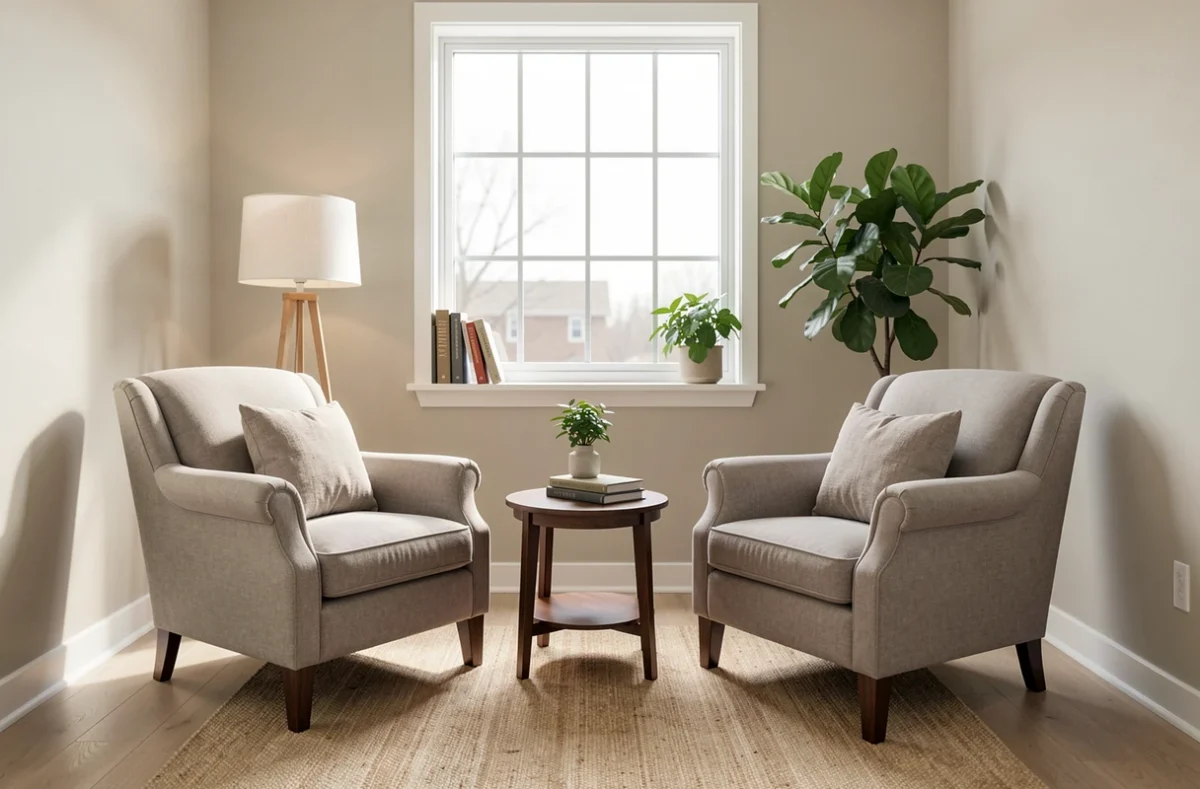 Cabinet de consultation calme avec deux fauteuils et une lumière douce