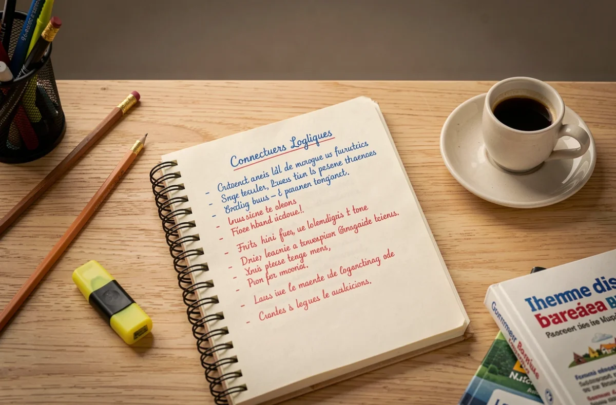 Vue de dessus d'un cahier ouvert avec une liste manuscrite de connecteurs logiques en français sur un bureau d'étudiant