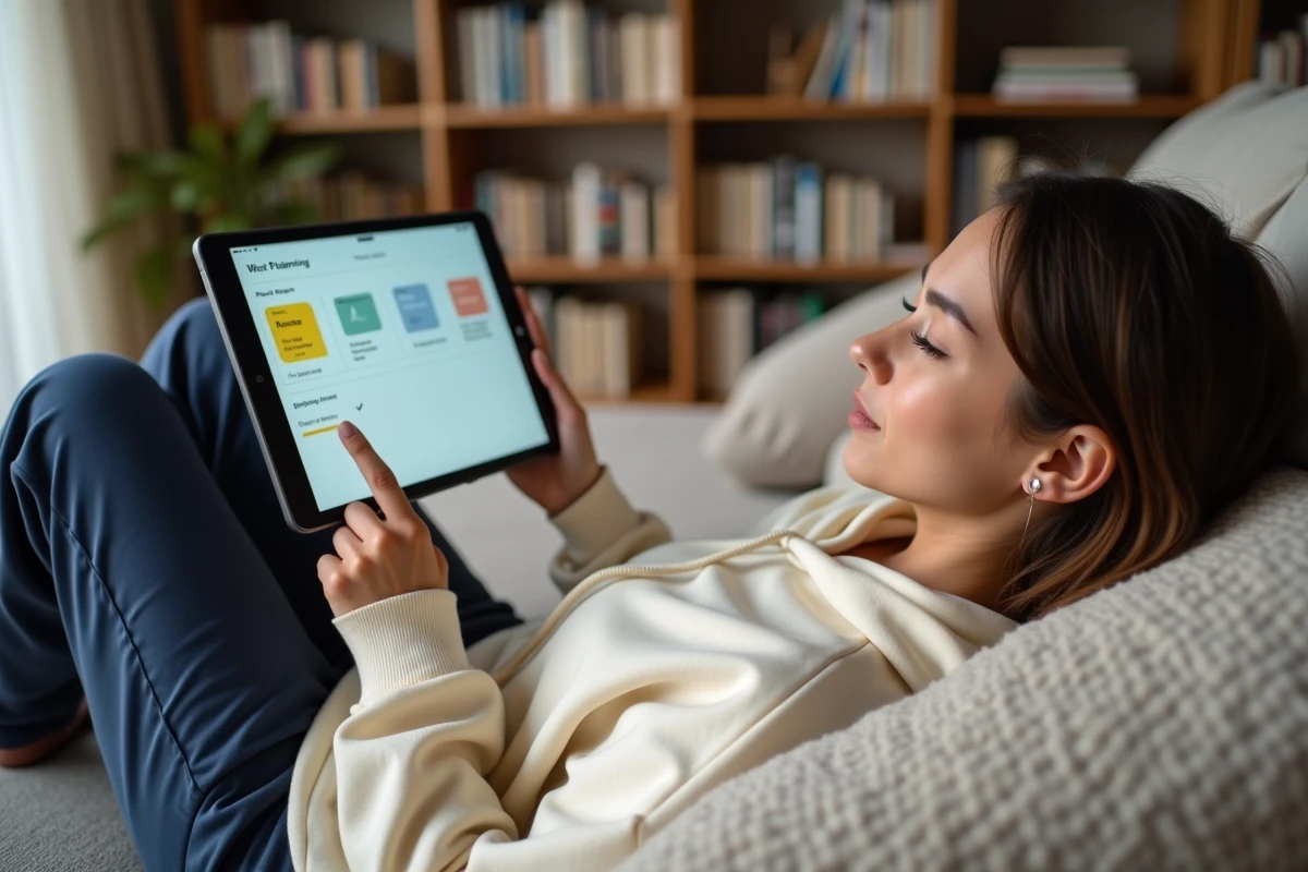 Jeune femme consultant un cahier de prep numérique sur tablette depuis son canapé à domicile