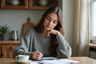 Femme utilisant une tablette avec stylet pour préparer un cahier de prep numérique à la maison