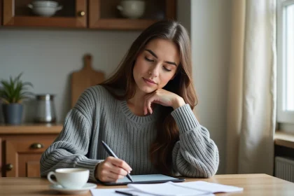 Femme utilisant une tablette avec stylet pour préparer un cahier de prep numérique à la maison