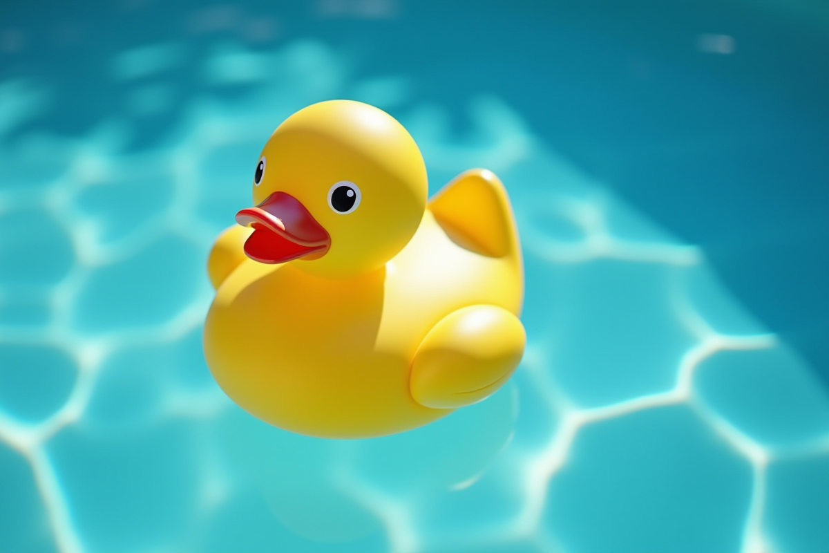 Canard en caoutchouc jaune flottant dans une piscine bleue en plein soleil