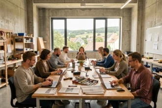 Vue d'ensemble d'un centre de formation professionnel en Bourgogne-Franche-Comté avec des apprenants adultes autour de postes de travail modernes