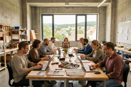Vue d'ensemble d'un centre de formation professionnel en Bourgogne-Franche-Comté avec des apprenants adultes autour de postes de travail modernes
