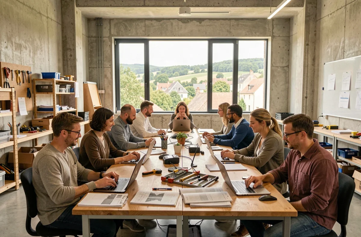 Vue d'ensemble d'un centre de formation professionnel en Bourgogne-Franche-Comté avec des apprenants adultes autour de postes de travail modernes