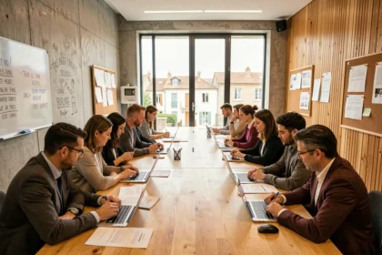 Groupe d'apprenants adultes dans un centre de formation moderne du Tarn, travaillant ensemble autour d'une table avec ordinateurs et documents de cours