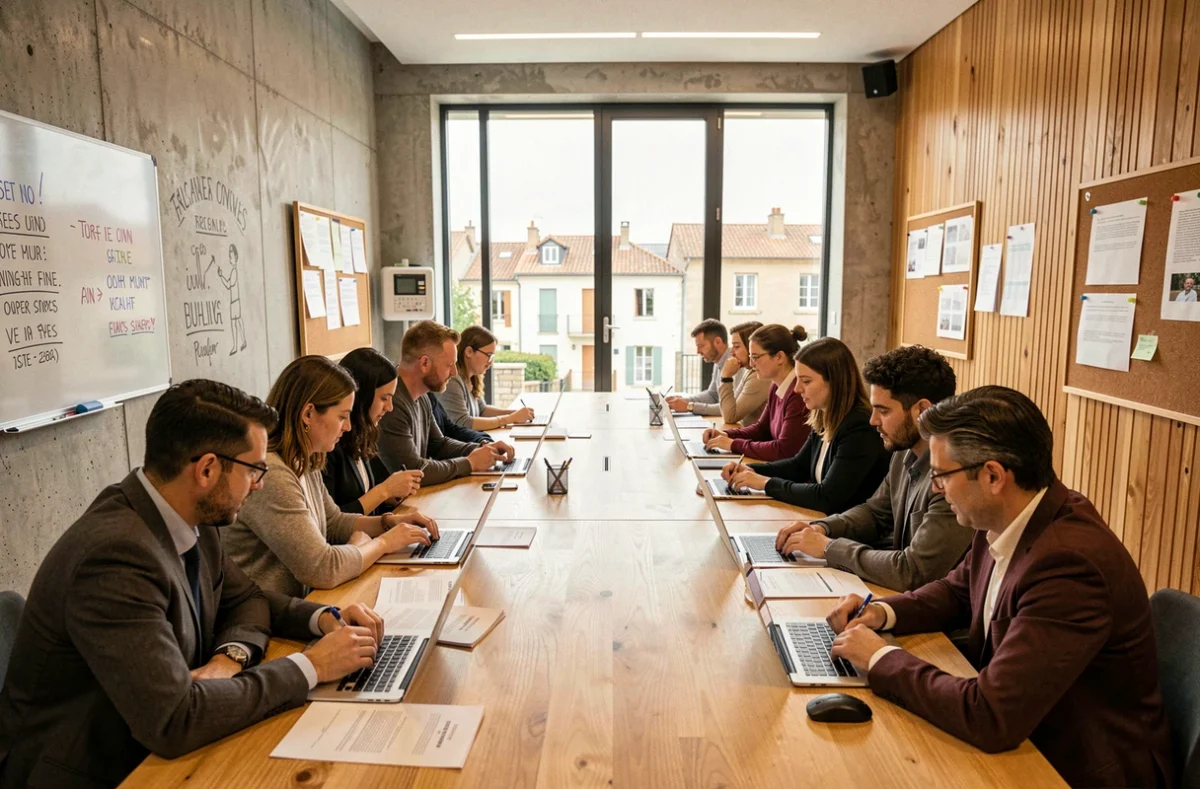 Groupe d'apprenants adultes dans un centre de formation moderne du Tarn, travaillant ensemble autour d'une table avec ordinateurs et documents de cours