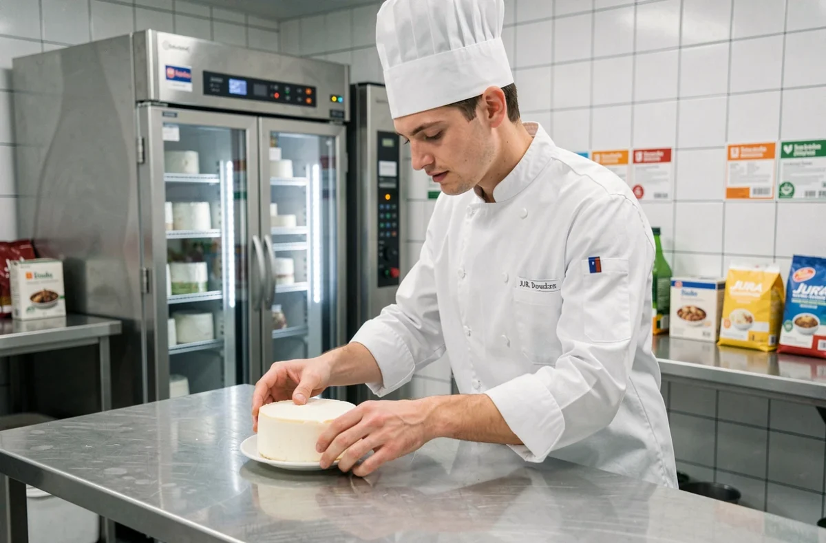 Apprenti en formation agroalimentaire au CFA de Mamirolle-Poligny, inspectant un produit laitier dans une cuisine pédagogique professionnelle