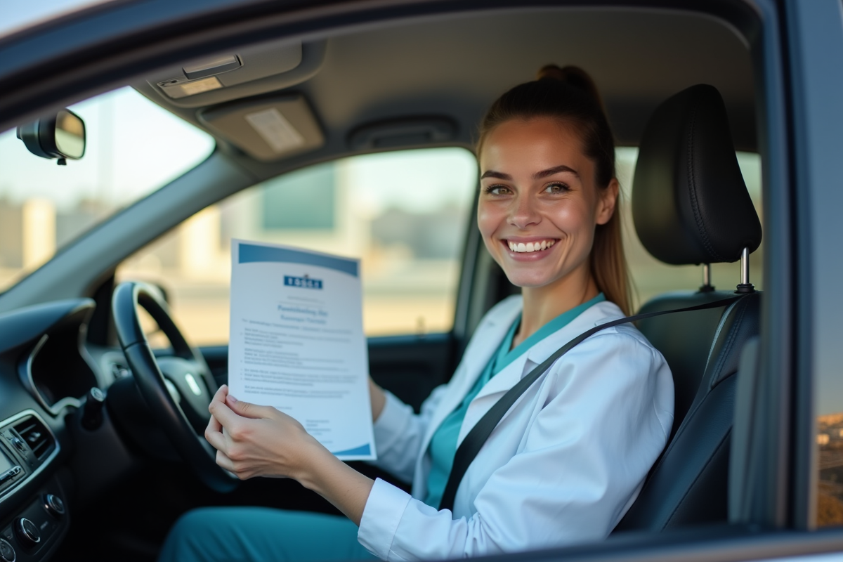 Chauffeur de taxi VSL souriant avec certificat devant un hôpital