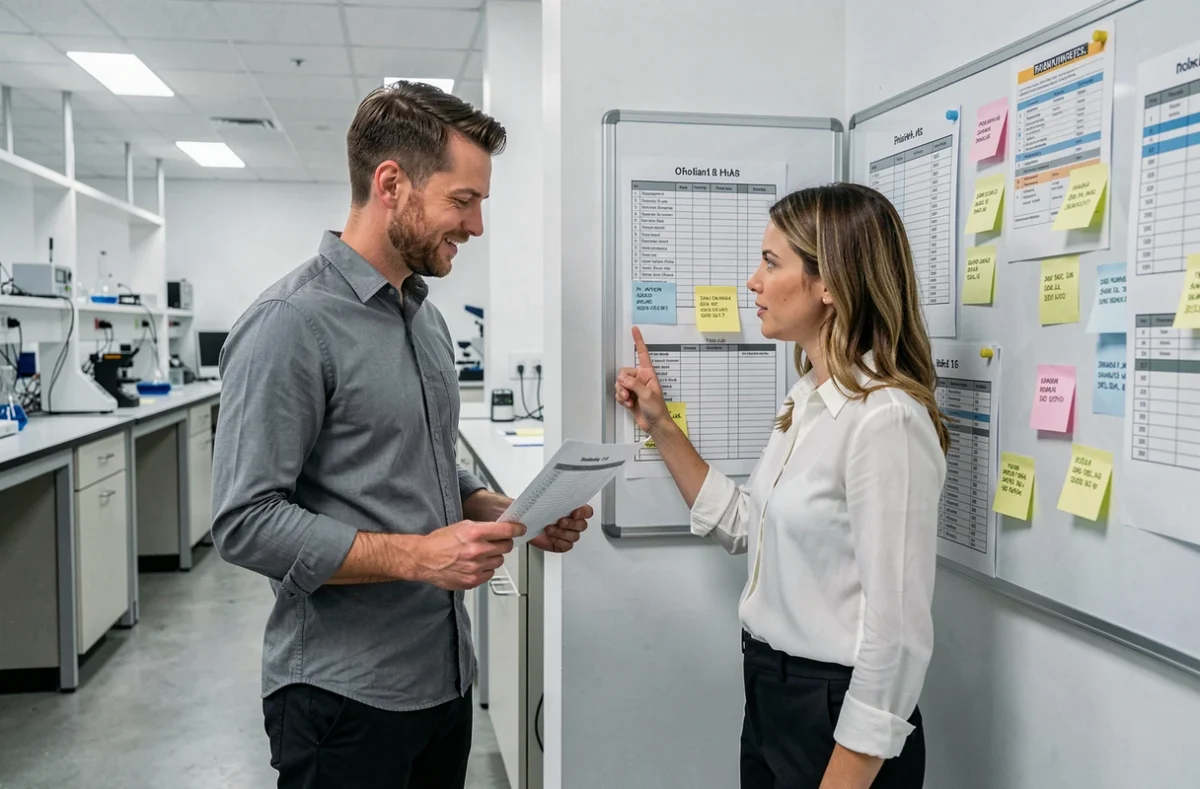 Deux chercheurs consultant un tableau de planification des phases du concours CNRS 2026 dans un laboratoire de recherche