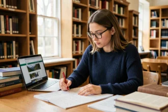 Chercheuse consultant un calendrier pour suivre les dates des résultats du concours CNRS 2026 dans une bibliothèque universitaire