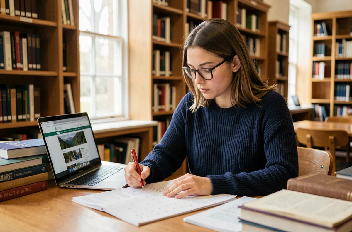 Chercheuse consultant un calendrier pour suivre les dates des résultats du concours CNRS 2026 dans une bibliothèque universitaire