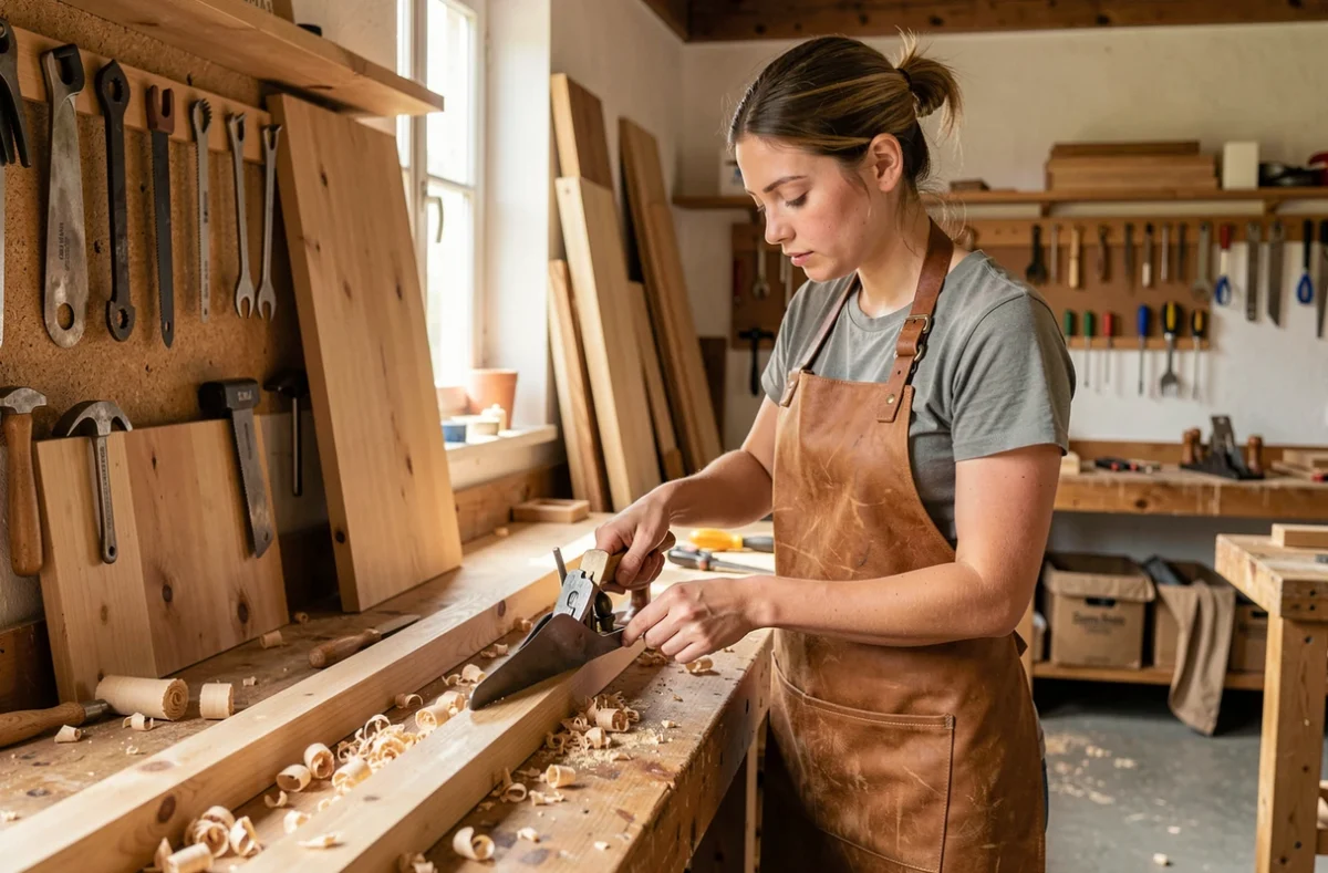 Jeune femme en formation artisanale au CMA Formation Bourgogne-Franche-Comté, travaillant le bois dans un atelier traditionnel