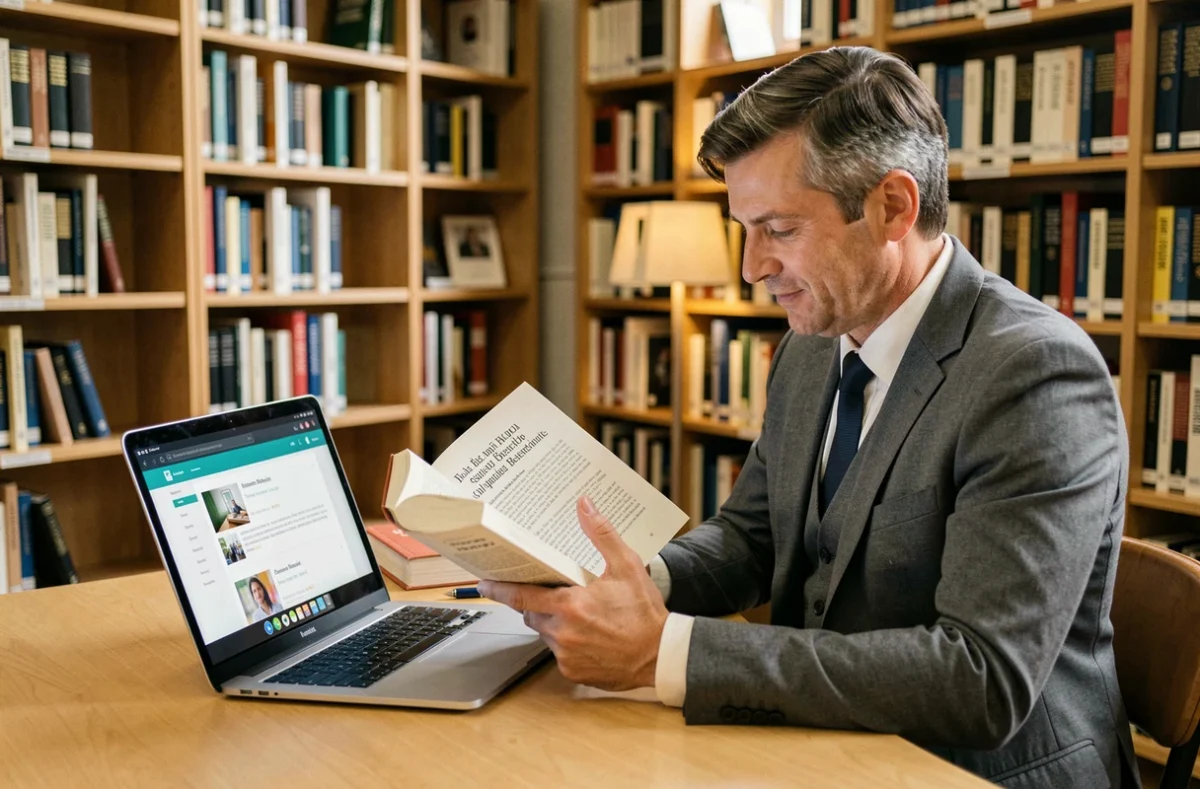 Adulte en formation continue au CNAM Bourgogne-Franche-Comté, étudiant dans une bibliothèque universitaire avec un manuel et un ordinateur