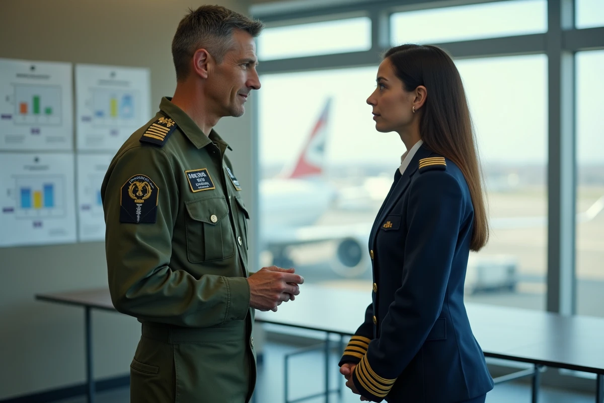 Pilote militaire et pilote de ligne civile en discussion dans une salle de r&eacute;union a&eacute;ronautique comparant leurs carri&egrave;res