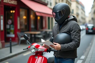 Homme adulte avec veste moto lisant son permis B à côté d'un scooter 125cc rouge en ville