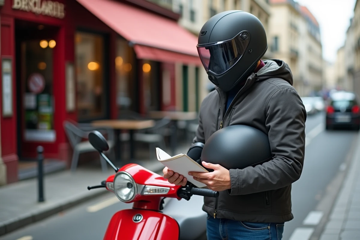 Homme adulte avec veste moto lisant son permis B à côté d'un scooter 125cc rouge en ville