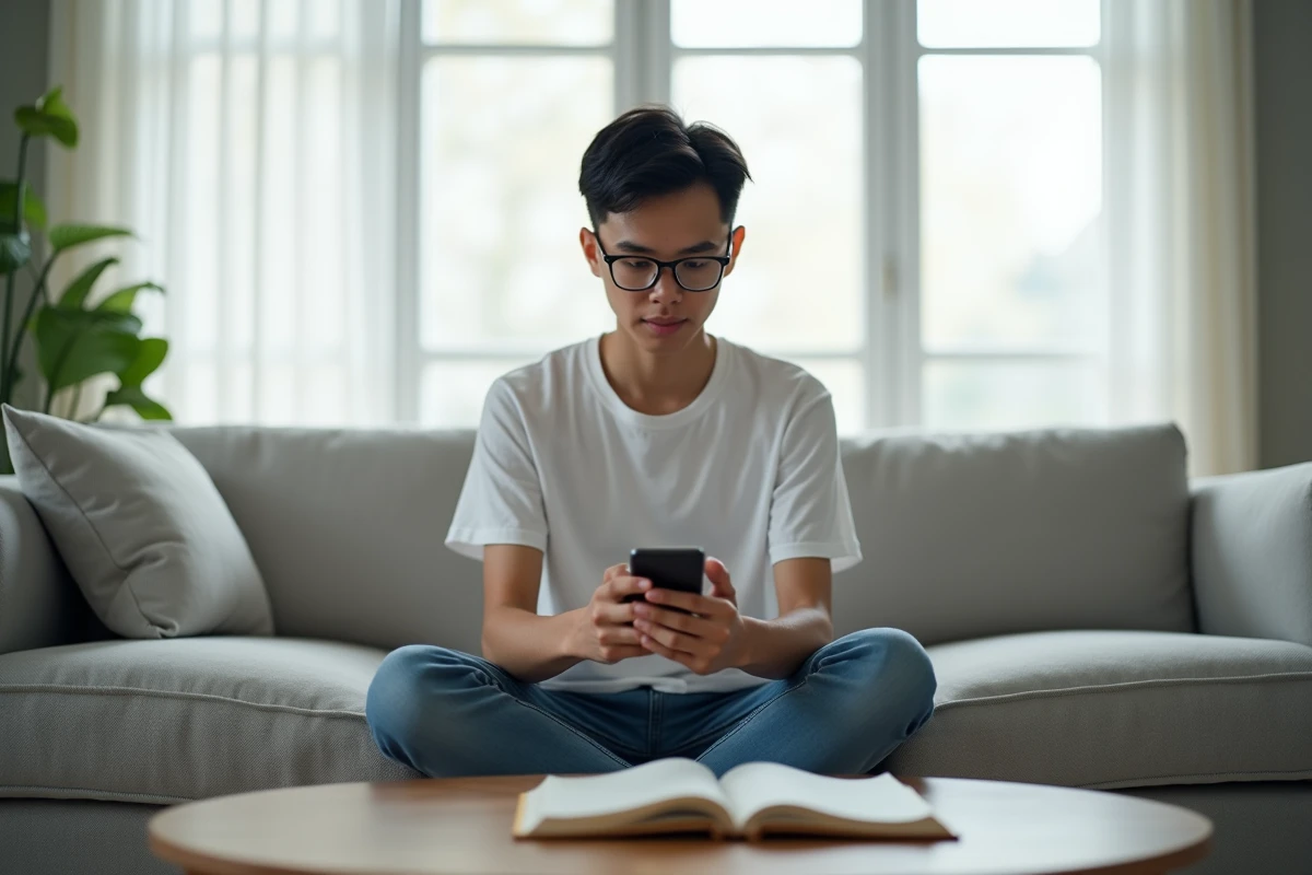 Jeune adulte configurant les paramètres d'accès à entnormandie sur smartphone dans un salon