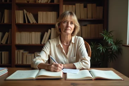 Femme étudiant la conjugaison du verbe connaître au passé simple avec des livres de grammaire française ouverts sur un bureau en bois