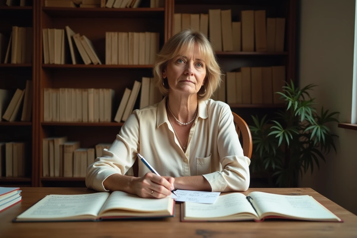 Femme étudiant la conjugaison du verbe connaître au passé simple avec des livres de grammaire française ouverts sur un bureau en bois