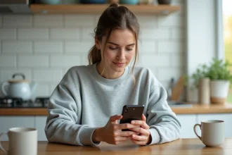 Femme consultant son espace inscrit sur smartphone depuis sa cuisine, vérification des réglages de connexion mobile