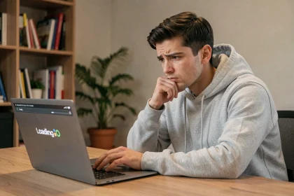 Jeune homme frustré devant un ordinateur portable avec une connexion internet lente sur une plateforme éducative