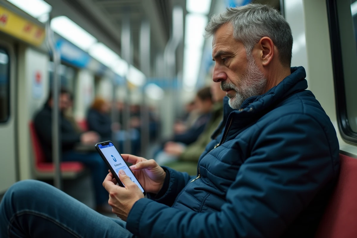 Homme vérifiant les réglages de connexion à son espace membre sur mobile dans les transports en commun