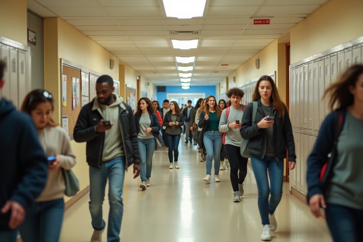 Couloir animé d'un grand lycée français rempli d'élèves en mouvement entre les cours